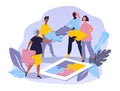 Vector illustration on the theme of teamwork. people carry puzzle pieces. Royalty Free Stock Photo